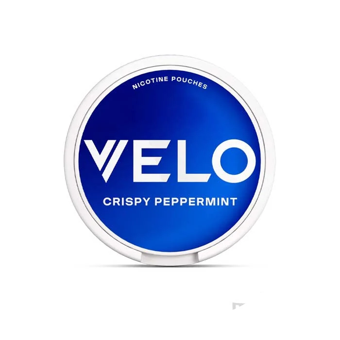 VELO Crispy Peppermint nicotine pouch tin on a white square