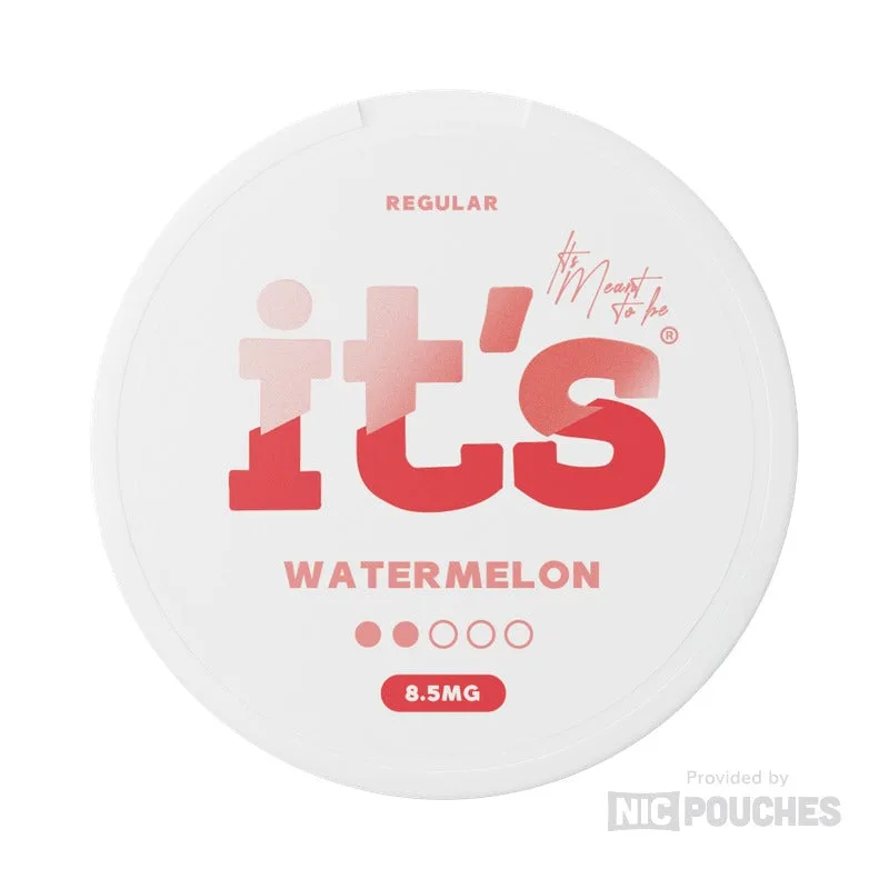 It's Watermelon nicotine pouch tin on a white square